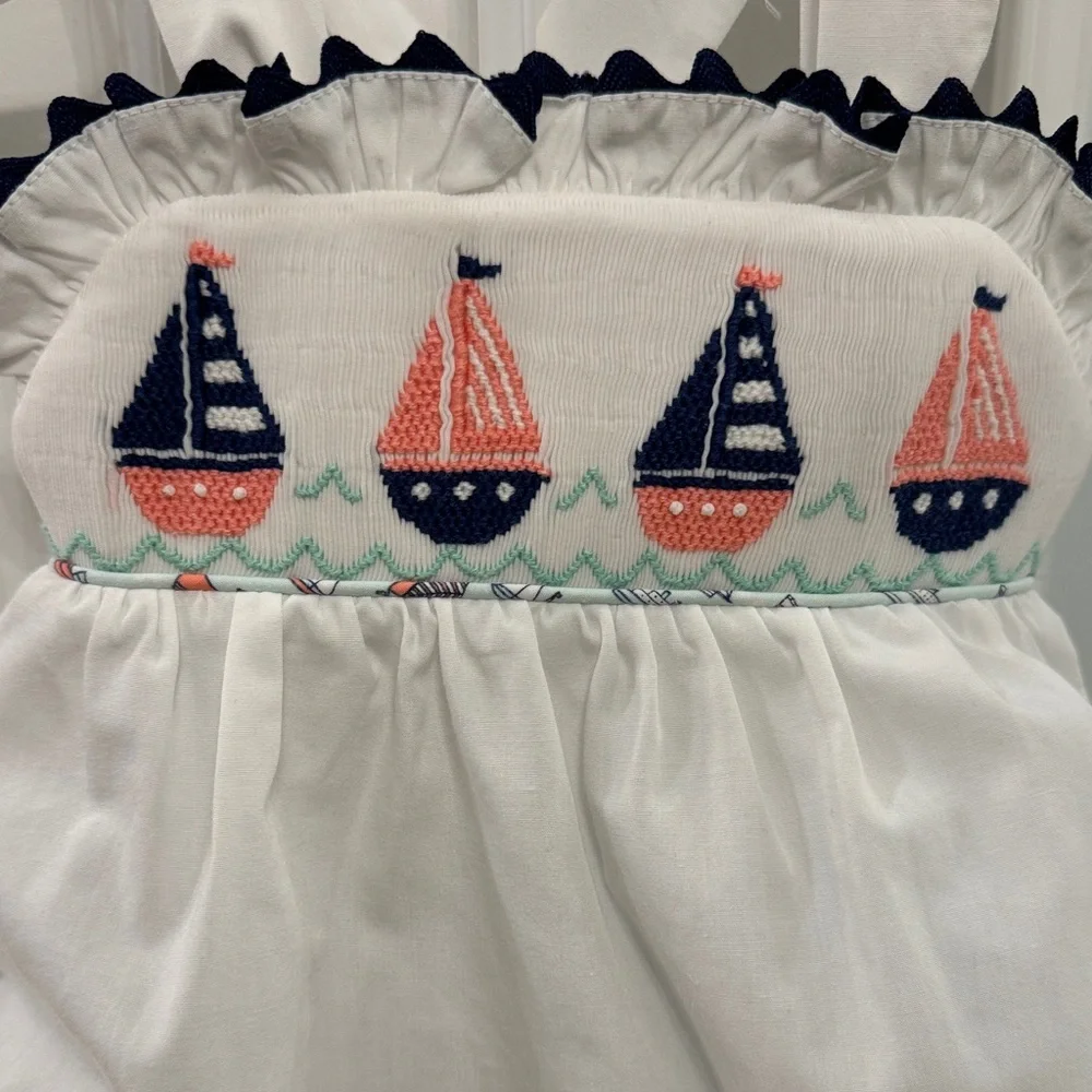 Sailboat Smocked Girls Outfit - White and Navy